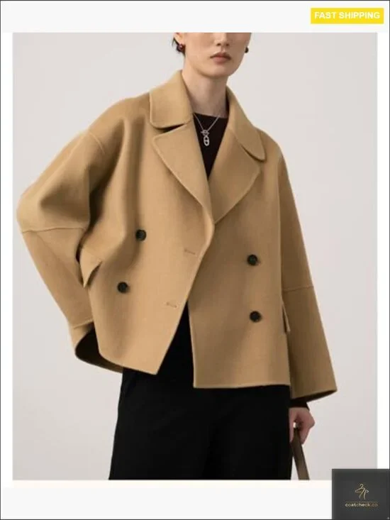 Cropped Wool Pea Coat Double Breasted Notched Lapel Chic Oversized Blazer Style - Picture 5 of 7